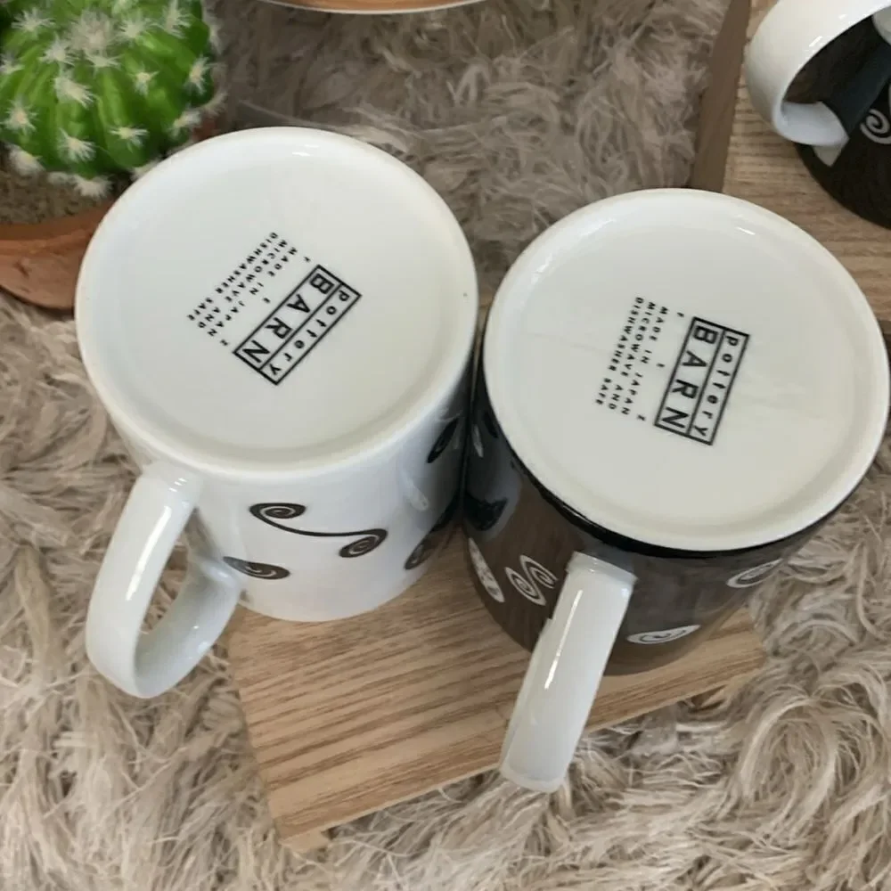 Vintage Pottery Barn Fez Pattern Black and‎ White Swirl Coffee Cups Set Of 6